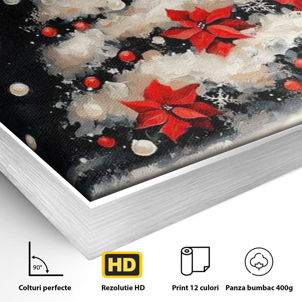 Detaliu al suprafetei: tablou canvas cu brad de craciun pictat, in rama de aluminiu argintiu